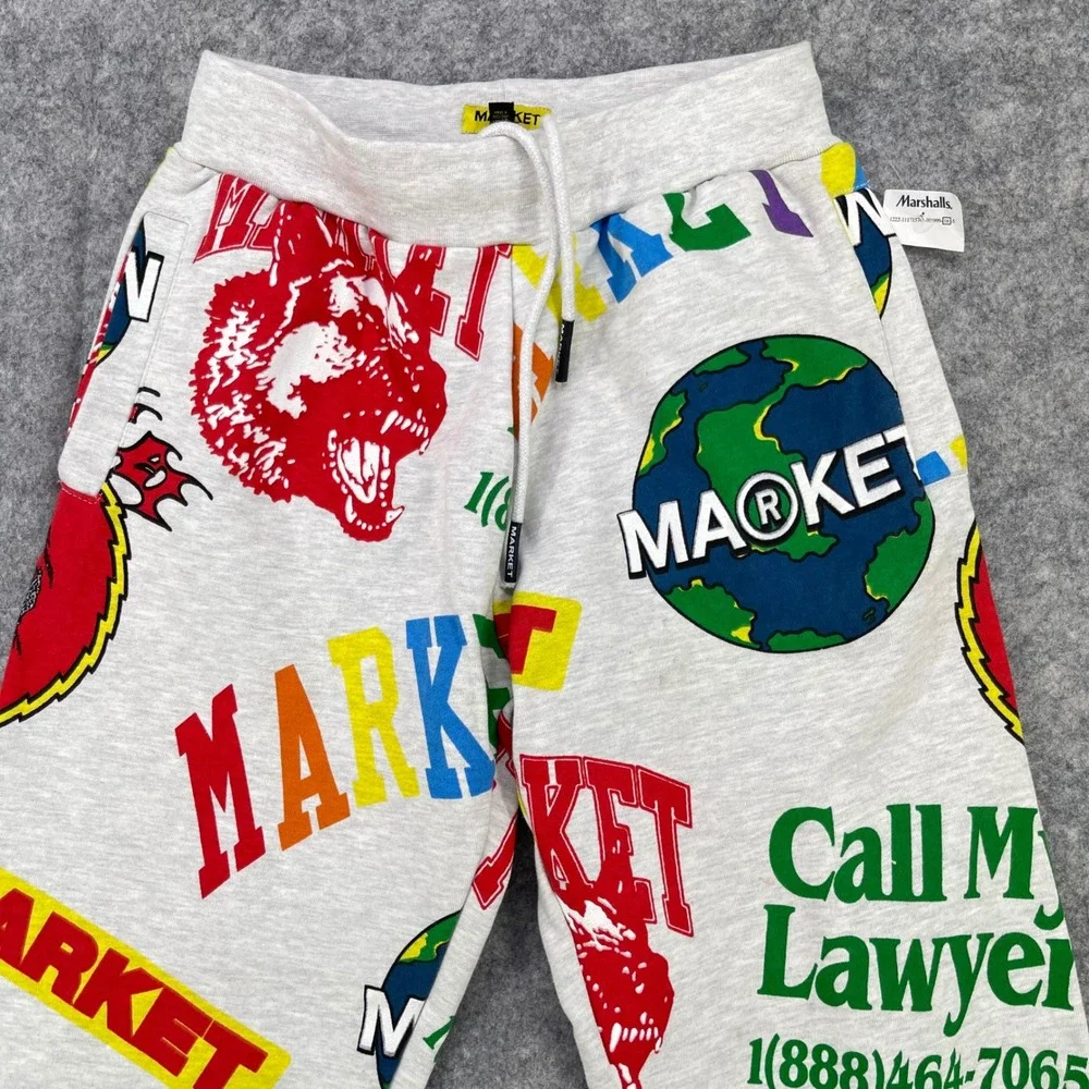 Chinatown Market Sweatpants Men Medium Gray Logo Graphic AOP Print Joggers‎ NEW